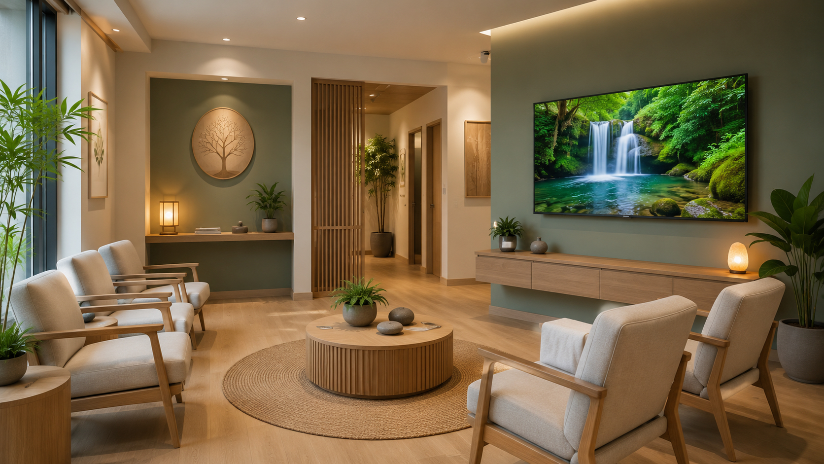 Salle d'attente lumineuse et apaisante en Provence avec plantes et écran digital