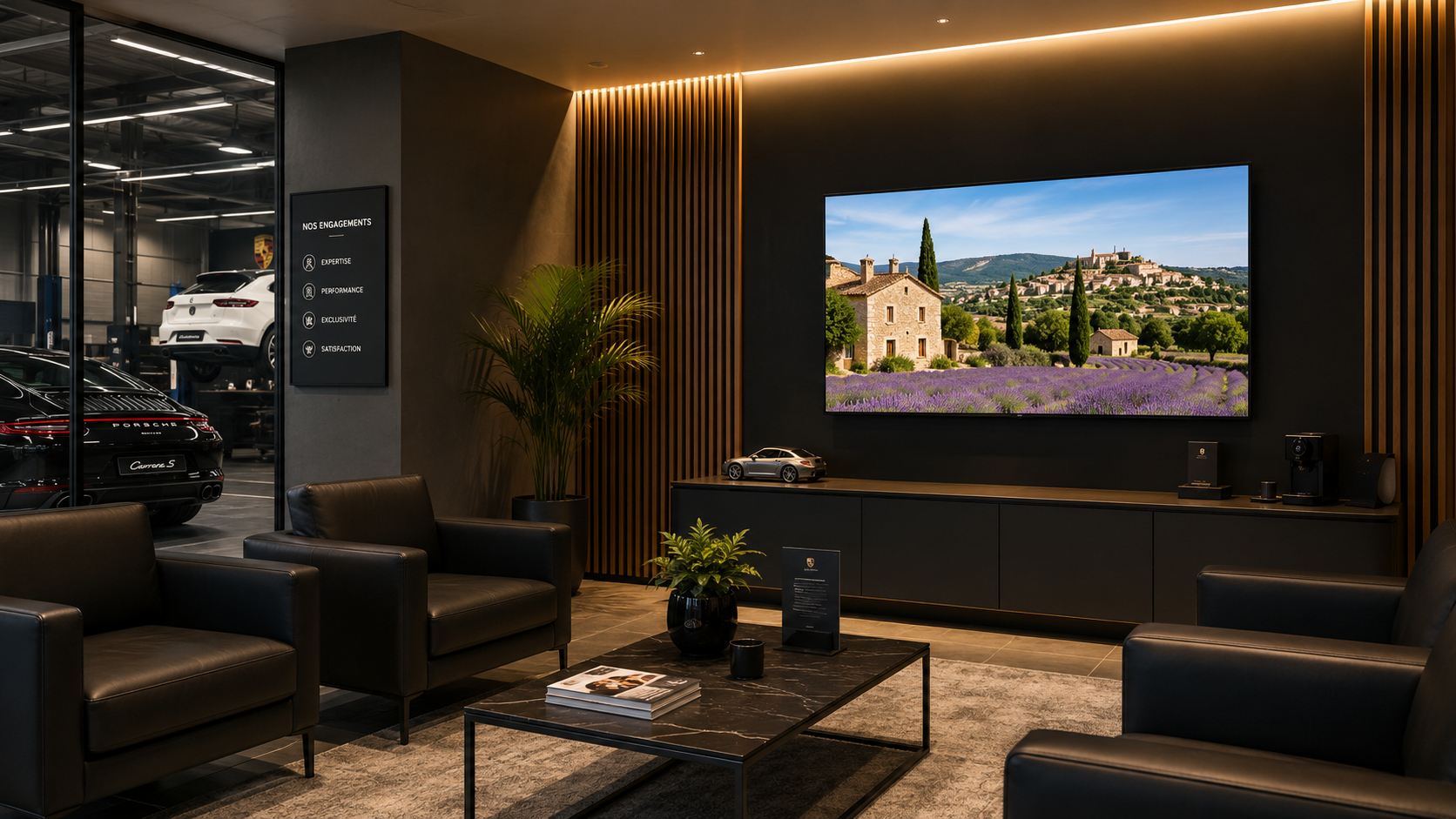 Espace d'attente d'un garage premium en Provence avec écran WaitShow